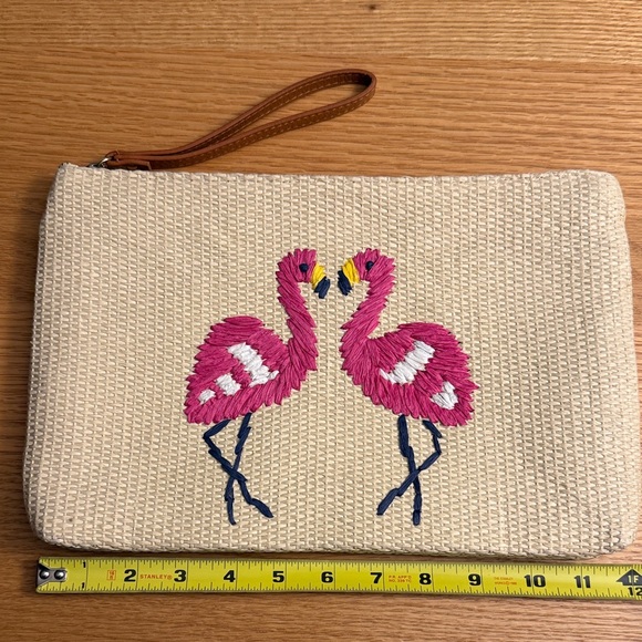 Old Navy Flamingo Embroidered Straw Clutch w/Wristlet - Picture 2 of 6